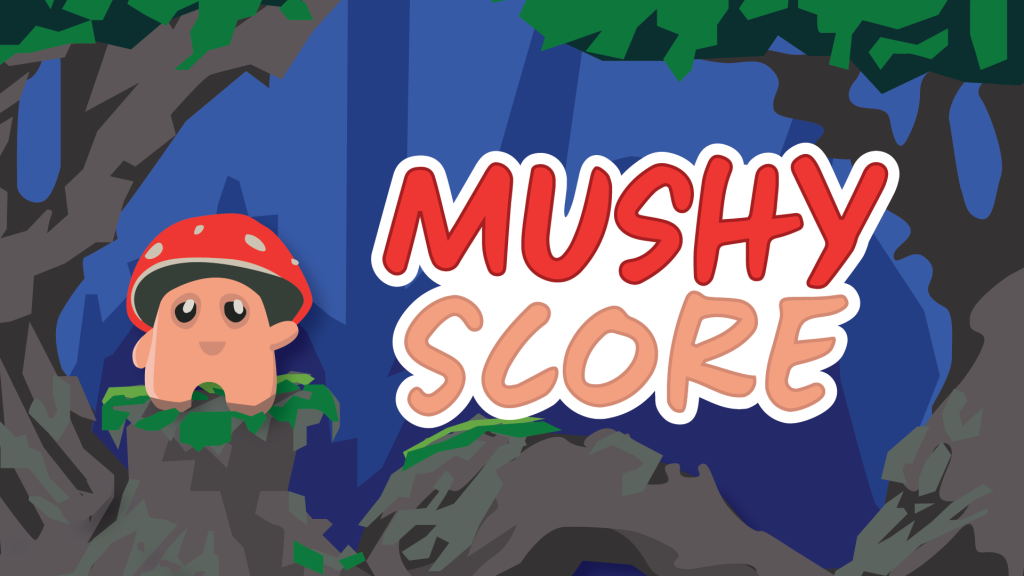 Mushy character waving in forest next to Mushy Score -logo